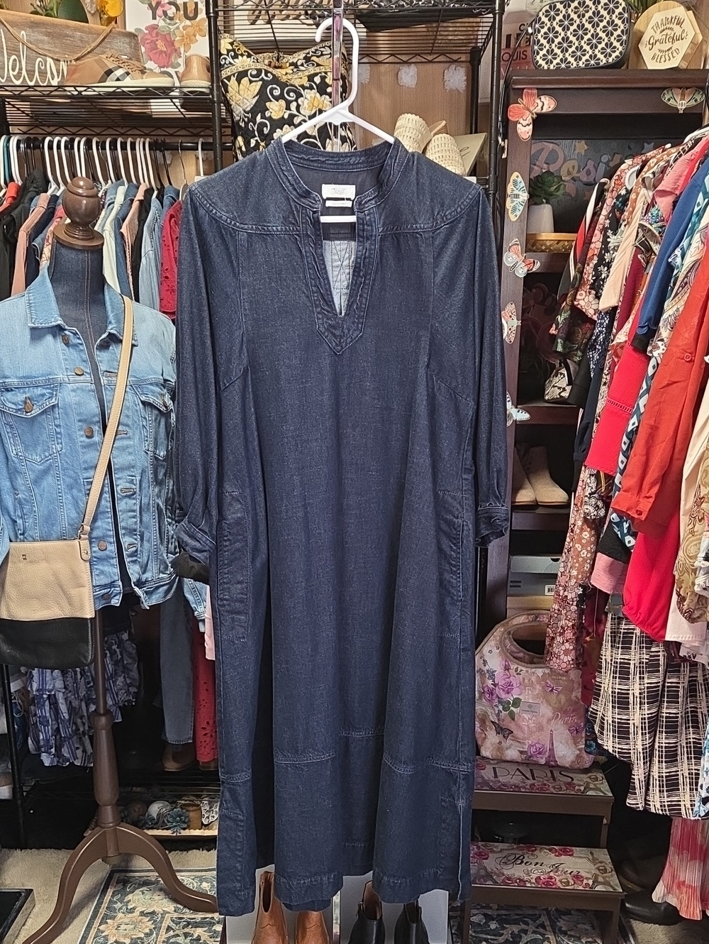 Toast Long Indigo Denim Maxi Dress with V-Notch Neck